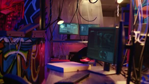 Dolly Out Shot Empty Messy Hackers Base Operations Neon Lights — Stock Video