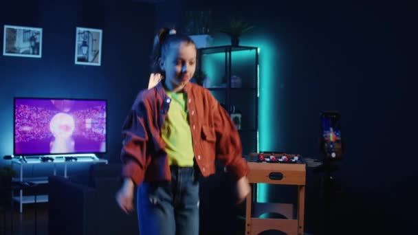 Cheerful Kid Taking Part Viral Dance Trend Seeing Favorite Celebrities — Stock Video
