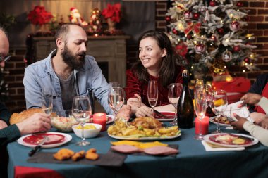 Noel 'i kutlayan kutlamalar, geleneksel yemeklerin tadını çıkarmak için evde toplanmalar. Çeşitli arkadaşlar ve aile üyeleri anılardan, xmas kutlama partisinden bahsederken eğleniyorlar..