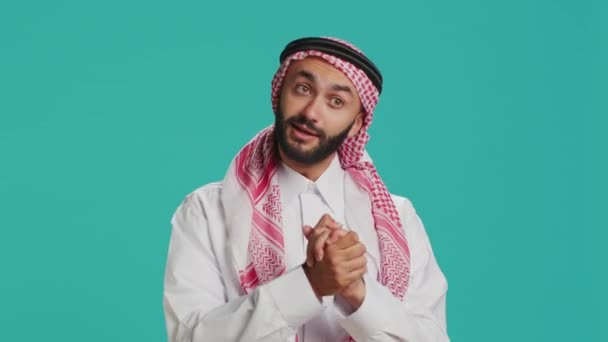 Hopeful Muslim Guy Begging Asking Something Holding Hands Prayer Having — Stock Video