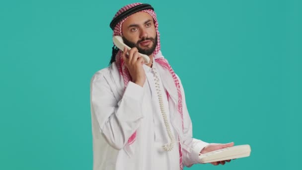 Arab Guy Talks Landline Phone Call Studio Answering Call Retro — Stock Video