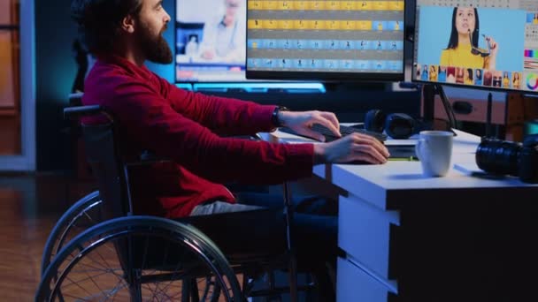 Photo Editor Wheelchair Working Independent Production Company Adjusting White Balance — Stock Video