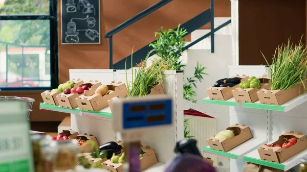 Frisches Obst Und Gemüse Kisten Örtlichen Bio Supermarkt Leerer Null — Stockfoto