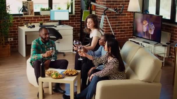 Multiethnic Coworkers Celebrating Business Success Work Gathered Home Toast Champagne — Stock Video