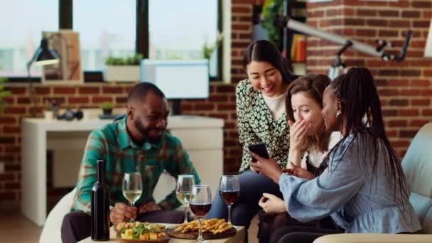 Multiracial Friends Apartment Party Looking Social Media Posts Made Acquaintance — Stock Video
