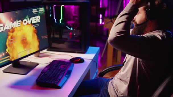Man Upset Losing While Playing Online Multiplayer Spaceship Videogame Showing — Stock Video