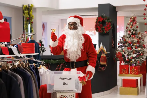 Santa Claus Ringing Bell Call Customers Next Donation Box Encouraging — Stock Photo, Image