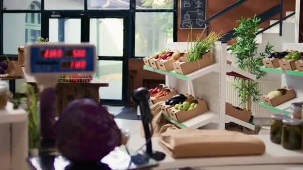 Escala Mercado Agricultores Usado Produtos Granel Para Pesar Todas Frutas — Vídeo de Stock