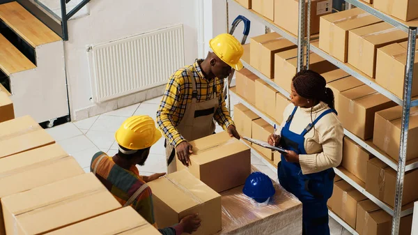 African American Employees Working Inventory Logistics Looking Stock List Clipboard — Stock Photo, Image