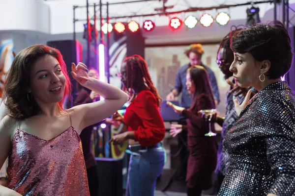 Two Carefree Girlfriends Dancing Having Fun Disco Party Nightclub Young — Stock Photo, Image
