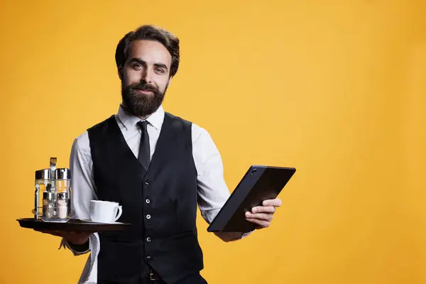 Pessoal Experiente Prepara Conta Tablet Trabalhando Restaurante Cinco Estrelas Para — Fotografia de Stock