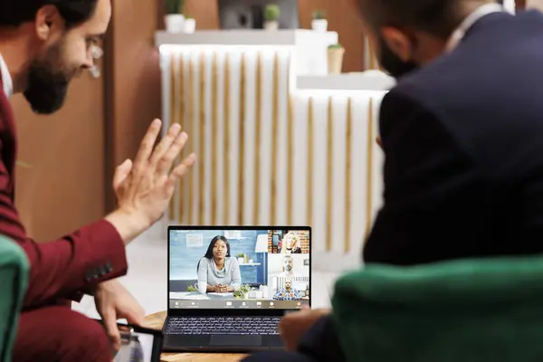 Two Businessmen Meet Videocall Other International Company Representatives Using Laptop — Stock Photo, Image