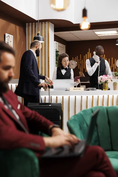 Traveling Work Businessman Checking Hotel Reception Desk Passport Room Reservation — Stock Photo, Image