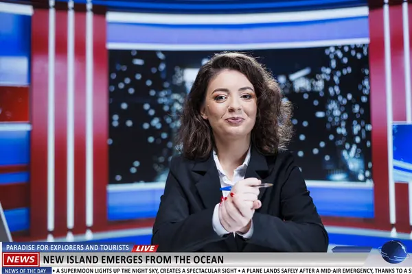 Rare natural phenomenon on live talk show presented by media reporter, new island emerges from the ocean creating new paradise exploration place. Newscaster introducing new holiday destination.