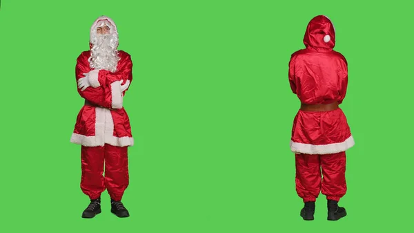 Saint Nick Laughing Camera Posing Red Costume Full Body Greenscreen — Stock Photo, Image