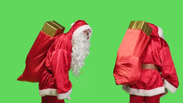 Adult Saint Nick Carry Red Sack Filled Presents Children Wearing — Stock Photo, Image