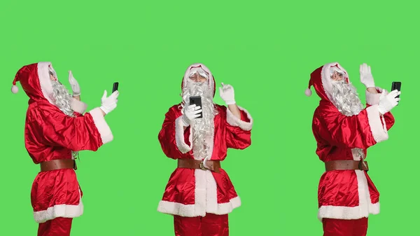 Man Santa Claus Videocall Vergadering Veel Plezier Met Iemand Praten — Stockfoto
