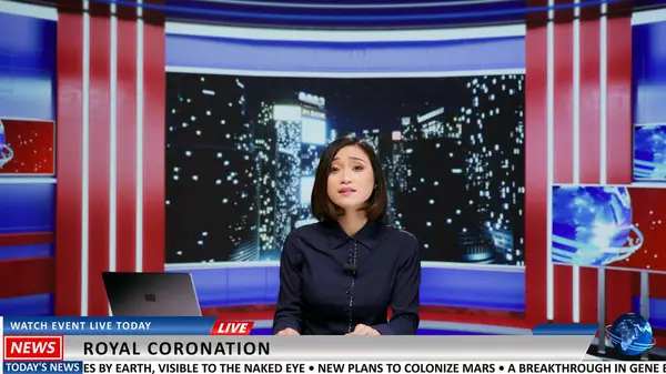 TV broadcaster talks about royal coronation and presents important event followed by people worldwide. Asian presenter going live on tv program to introduce new king, late night monarchy news.