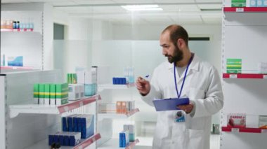 Eczanedeki tüm ilaç stoklarını sayan eczacı, envanter listesi üzerinde panoda çalışıyor. Eczacı eczane raflarındaki tıbbi ürünleri inceliyor. Kamera 1.