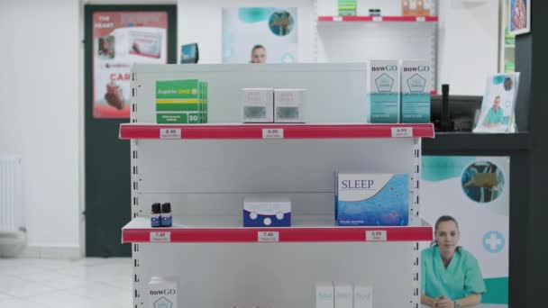 Empty Drugstore Shelves Filled Medical Supplies Pills Sell Prescription Medicine — Stock Video