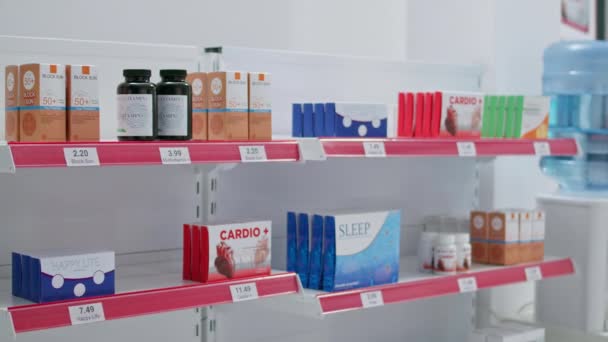 Empty Medical Store Filled Healthcare Medicine Drugs Selling Prescription Treatment — Stock Video