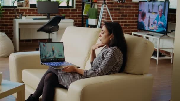 Patient Sitting Couch Receiving Treatment Plan Medic Online Videocall Meeting — Stock Video