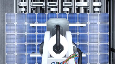 Endüstriyel robot kolunun POV çekimi güneş panelini yenilenebilir enerji tabanlı fabrikada montaj hattına yerleştiriyor, 3 boyutlu illüstrasyon. Ağır makineler ünitesi güneş pilini taşıyıcı bantlara yerleştiriyor, yakın çekim