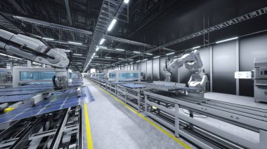 Otomatikleştirilmiş robotik kollar son teknoloji güneş paneli ambarında üretim hatlarındaki fotovoltaik modüllerle uğraşıyorlar. Tesiste sürdürülebilir güneş pilleri üretimi, 3 boyutlu illüstrasyon