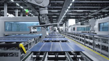 Otomasyon hatlarına PV modülleri yerleştiren robotik kollara sahip güneş paneli fabrikası, endüstriyel bina iç yapısının 3 boyutlu çizimi. Yeşil enerji endüstrisi için güneş pilleri üreten seri üretim deposu
