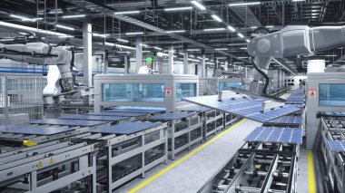 Güneş panelleri konveyör bantlarına yerleştirilmiş, otomatik ağır ekipman birimleri tarafından cilalanmış, tesisin etrafında hareket eden. Son teknoloji çevre dostu depoda üretilen PV hücreleri.