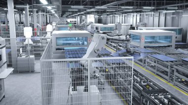 Endüstriyel robot kolları modern sürdürülebilir fabrikada güneş panellerini büyük üretim hattına yerleştiriyor. Photovoltaics, üretim tesisi içinde taşıma bantları üzerine monte ediliyor, 3D görüntüleme