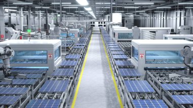 Güneş panelleri, temiz enerji fabrikasındaki yüksek teknoloji üretimi sırasında taşıma bantları üzerine taşınıyor, 3D görüntüleme. Montaj hatlarına alternatif elektrik üretmek için kullanılan PV modelleri