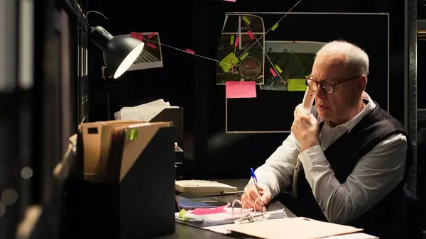 stock image Police officer using landline phone in incident room, sharing important information about case suspect. Senior detective conducting clandestine operation with classified documents, forensic report.