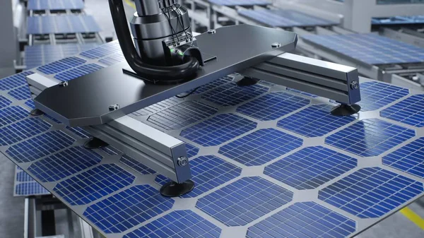 Solar Panel Placed Conveyor Belt Operated Automatized Robot Arm Moving — Stock Photo, Image