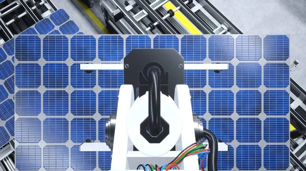 Pov Robotic Arms Moving Solar Panels Conveyor Belts High Tech — Stock Photo, Image
