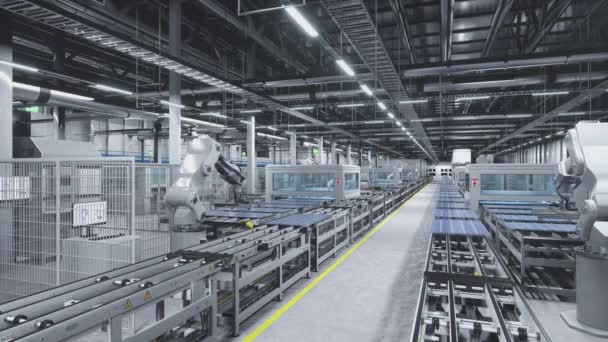 工业机器人臂采用绿色先进技术将太阳能电池板放置在仓库的装配线上 3D渲染 可持续能源生产厂处理光电池的重型设备 — 图库视频影像