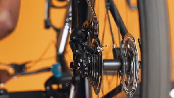 Imagem Perto Mecanismo Roda Bicicleta Ser Examinado Pela Mulher Durante — Vídeo de Stock