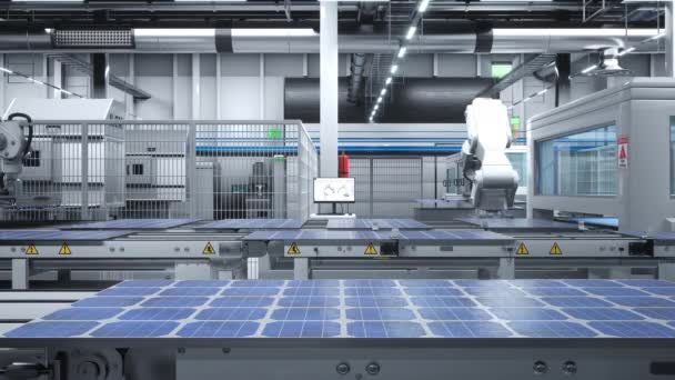 在高科技自动化过程中 尖端太阳能电池板工厂处理光电模块的机械臂 可持续设施中生产的光电池 3D动画 — 图库视频影像
