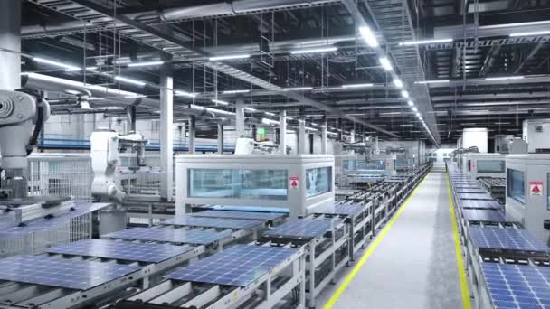 繁忙的太阳能电池板工厂配备机器人臂 在传送带上放置光电模块 三维渲染 为可再生能源工业生产太阳能电池的高科技现代制造业仓库 — 图库视频影像