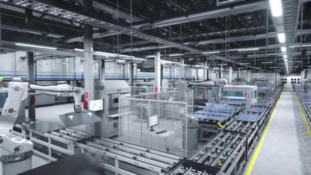 Zonnepanelen Worden Verplaatst Transportbanden Tijdens Hightech Productieproces Schone Energiefabriek Render — Stockvideo