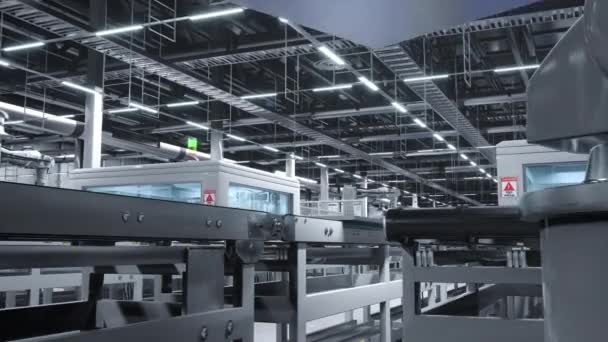 工业化的太阳能电池板工厂 配备机器人臂 在装配线上放置光电模块 3D渲染 为能源工业生产太阳能电池的制造设施的截图 — 图库视频影像