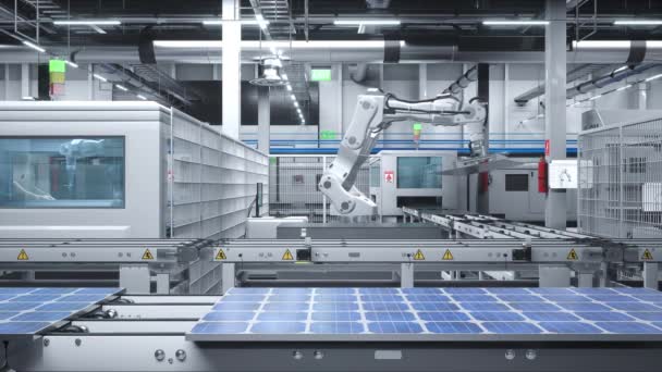 Solpanel Fabrik Med Robotarmar Placera Solcellsmoduler Automationslinjer Rendering Industribyggnad Interiör — Stockvideo