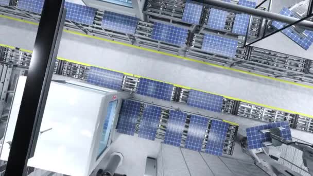 太阳能电池板输送带的顶部视图由机器人臂在现代可再生能源工厂操作 3D动画渲染 制造厂光伏生产的空中特写拍摄 — 图库视频影像