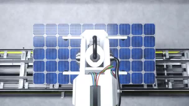 Pov Shot Της Βιομηχανικής Βραχίονα Ρομπότ Τοποθέτηση Ηλιακό Πάνελ Στη — Αρχείο Βίντεο