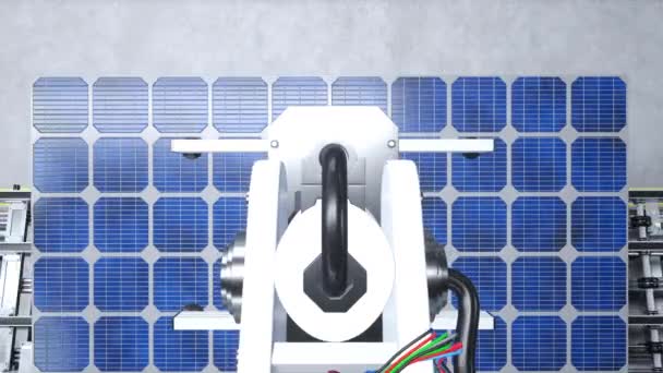 Pov Robotarmar Rörliga Solpaneler Transportband Produktionsprocessen Hållbara Energianläggning Animering Tung — Stockvideo