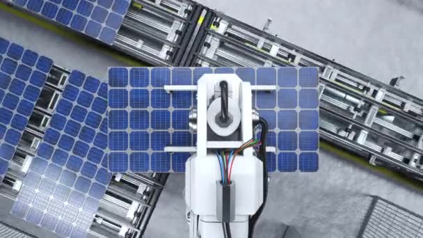 クリーンエネルギー工場 3Dレンダリングのハイテク生産プロセス中にコンベアベルトにソーラーパネルを移動するロボットアームのPov アセンブリラインにPvセルを配置する機械ユニット — ストック動画