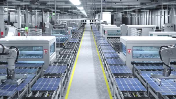机器人手臂将太阳能电池放置在仓库的传送带上 采用绿色先进技术 3D动画 可再生能源生产厂处理光电组件的机械装置 — 图库视频影像