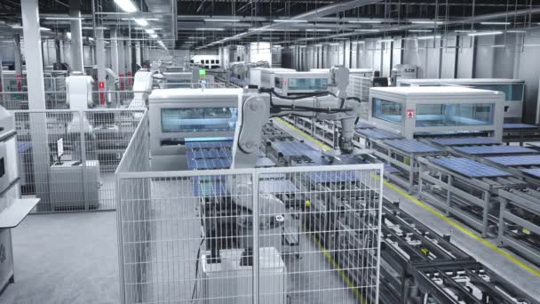 在清洁能源发电厂的大型生产线上安装太阳能电池板的工业机器人臂 太阳能电池安装在制造仓库的传送带上 3D动画 — 图库视频影像