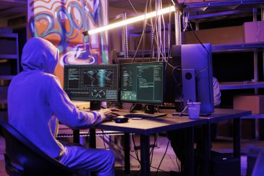 Mahalledeki bilgisayar korsanı, sunucuya girmek için yasadışı casus yazılım kullanarak bilgi topluyor. Kötü niyetli yazılımla ağ izleme ve ekrandaki verileri kontrol eden bir suçlu