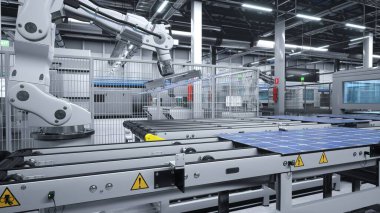 Modern sürdürülebilir fabrikada güneş panellerini büyük üretim hattına yerleştiren yüksek teknolojili robotlar. Photovoltaics, üretim tesisi içinde taşıma bantları üzerine monte ediliyor, 3D illüstrasyon